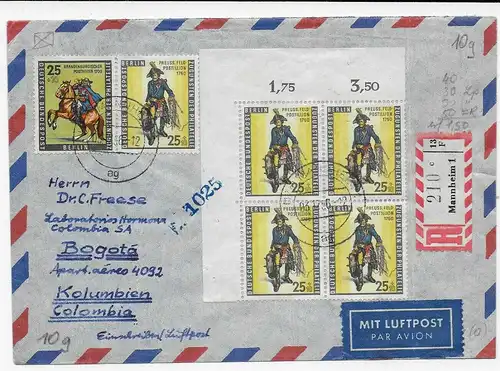 Eckrand Viererblock MiNr. 131, 1956 nach Kolumbien, Bogotá