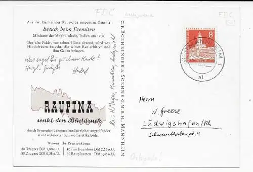 Ansichtskarte Raupina Blutdruck, 1959 Manheim-Ludwigshafen, FDC Ortskarte