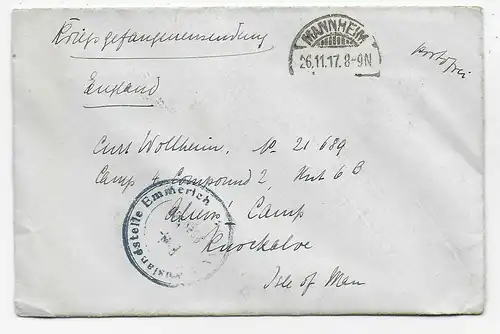 Brief von Mannheim, 1917 Zensur Emmerich nach Isle of Man