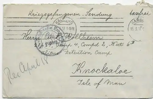 Brief von Hamburg, 1917 nach Knockaloe Internment Camp, Isle of Man, Kgf, PoW
