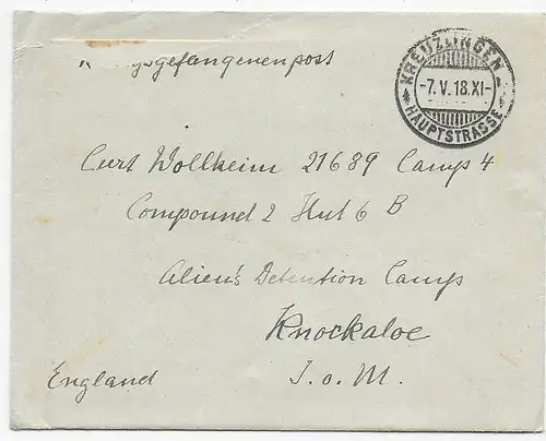 Brief aus Kreuzlingen, 1918 nach Knockaloe Internment Camp, Isle of Man, Kgf PoW