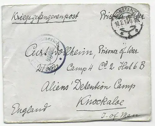 Brief aus Konstanz 1917 nach Knockaloe Internment Camp, Isle of Man, Kgf PoW