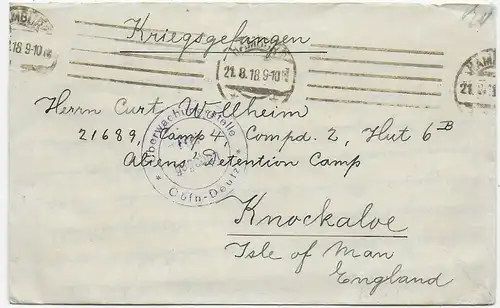 Brief aus Hamburg 1918 nach Knockaloe Internment Camp, Isle of Man, Kgf PoW
