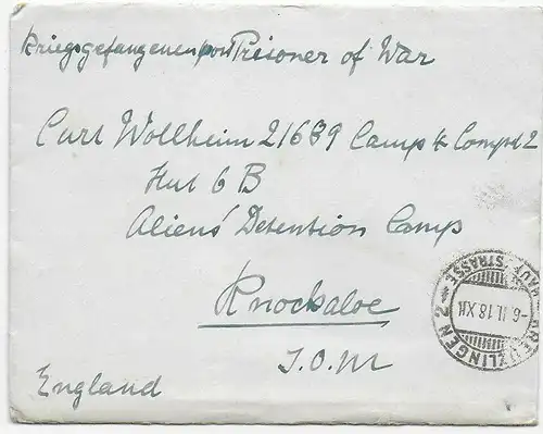 Brief 1918 aus Kreuzlingen nach Knockaloe Internment Camp, Isle of Man, Kgf PoW