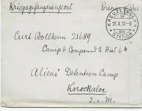 Brief 1917 aus Kreuzlingen nach Knockaloe Internment Camp, Isle of Man, Kgf, PoW