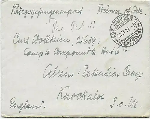 1917 Brief aus Kreuzlingen nach Knockaloe Internment Camp, Isle of Man, Kgf, PoW