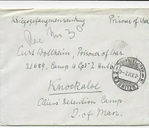 Brief aus Kreuzlingen nach Knockaloe Internment Camp, Isle of Man, 1917 Kgf, PoW