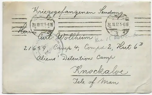 Brief aus Hamburg nach Knockaloe Internment Camp, Isle of Man,1917 Kgf, PoW