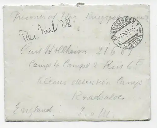 Brief aus Kreuzlingen nach Knockaloe Internment Camp, Isle of Man,1917 Kgf, PoW