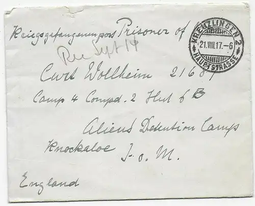 Brief aus Kreuzlingen 1917 nach Knockaloe Internment Camp, Isle of Man, Kgf, PoW