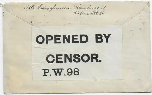 Kgf, PoW: Brief aus Hamburg nach Knockaloe Internment Camp, Isle of Man,1917