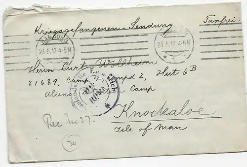 Kgf, PoW: Brief 1917 aus Hamburg nach Knockaloe Internment Camp, Isle of Man