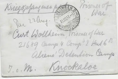 Kgf, PoW: Brief 1917 aus Kreuzlingen nach Knockaloe Internment Camp, Isle of Man