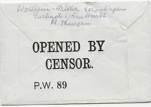 Kgf, PoW: Brief 1917 aus Kreuzlingen nach Knockaloe Internment Camp, Isle of Man