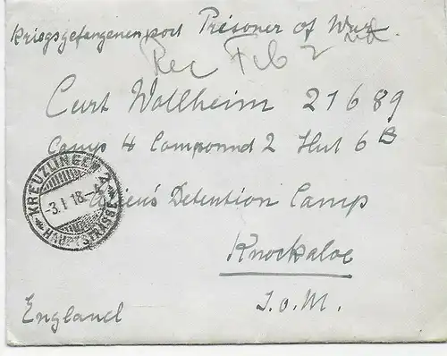 Kgf, PoW: Brief 1918 aus Kreuzlingen nach Knockaloe Internment Camp, Isle of Man