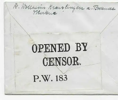 Kgf, PoW: Brief 1918 aus Kreuzlingen nach Knockaloe Internment Camp, Isle of Man
