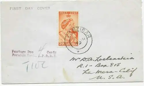 FDC 1949, Zanzibar nach USA