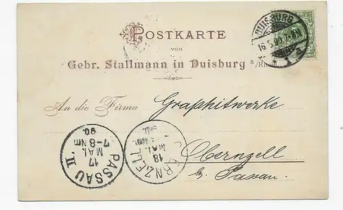 Firmen-Postkarte 1890 von Duisburg nach Obernzell