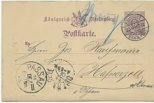 Ganzsache Schwenningen nach Hafnerzell/Oberzell 1883