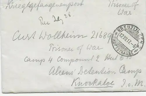 PoW, Kgf: Brief 1917 aus Kreuzlingen nach Isle of Man, Knockaloe Internment Camp