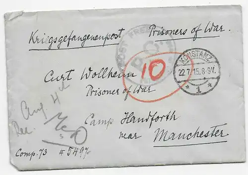 Kgf, PoW: 1915 Hamburg nach Manchester, Post Free
