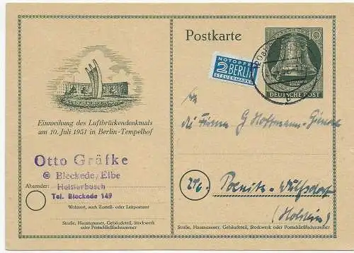 Ganzsache 1952, Heisterbusch nach Poenitz, Luftbrücken Denkmal