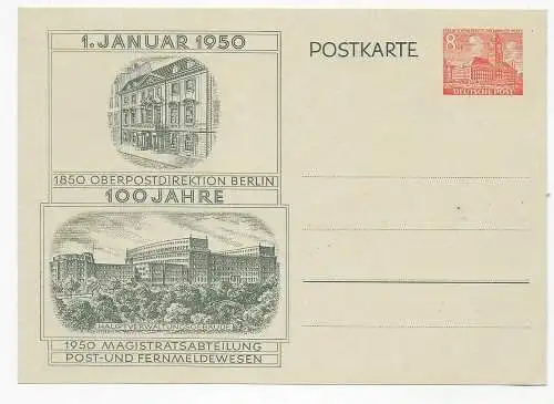 1950: 100 Jahre OPD Berlin, Ganzsache P10, FDC, blanko