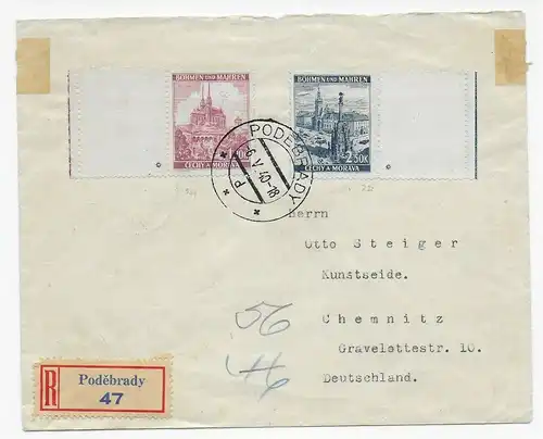 Einschreiben Podebrady 1940 nach Chemnitz