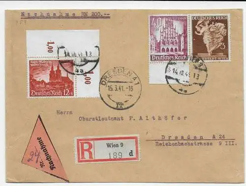 Einschreiben Nachnahme Wien nach Dresden, Eckrand 1941