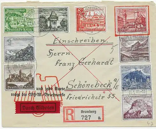 Einschreiben Bromberg, Eilboten WHW Briefmarken 1940 nach Schönebeck