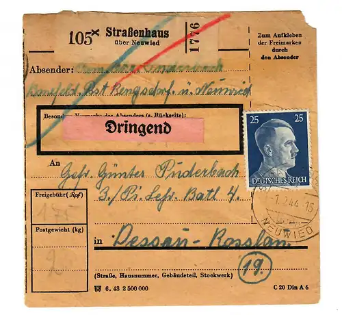 Paketkarte Straßenhaus/Neuwied 1944 nach Dessau, Dringend, MeF