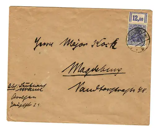 Brief 1920 mit EF MiNr. 87 II, Oberrand nach Magdeburg