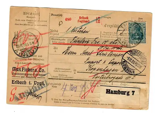 Wertpaket Erlbach/Vogtland nach Kopenhagen über Hamburg, 1920
