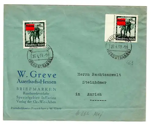 Brief von Auerbach/Hessen nach Aurich, MeF, 1939