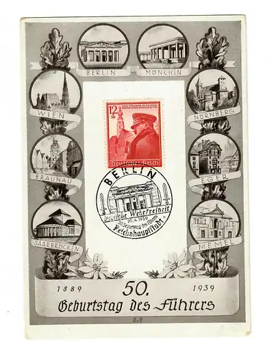 Gedankblatt zum 50. Geburtstag, 1939 mit den wichtigsten Städten