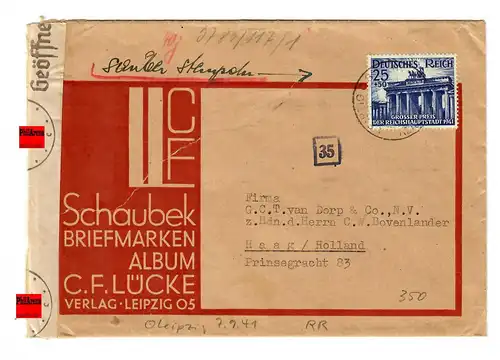 Schaubeck Briefmarken, Leipzig, nach Haag/Holland, Zensur, 1941, Vignette
