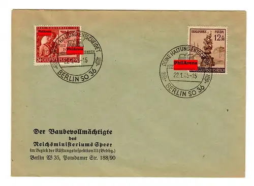 Propaganda Sonderstempel, Absender Rüstungsministerium Speer, 1945, WHW