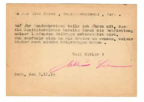 Ganzsache Gera, Ortstarif, 1934 and das Rote Kreuz: Spendenbrief - Antwort