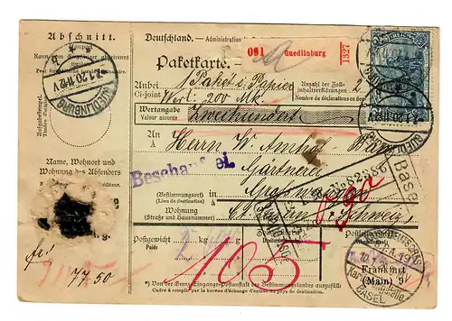 Paketkarte Wert Quedlinburg, 1920 nach Luzern über Basel