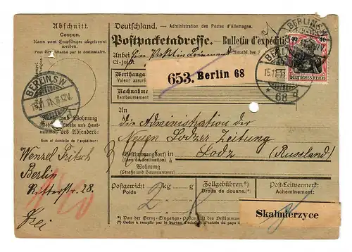 Paketkarte Berlin, 1911 nach Lodz über Skalmierzyce