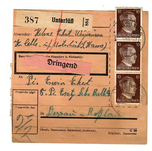 Paketkarte Dringend, Unterlüß nach Dessau-Roßlau, 1944, MeF, Massenfrankatur
