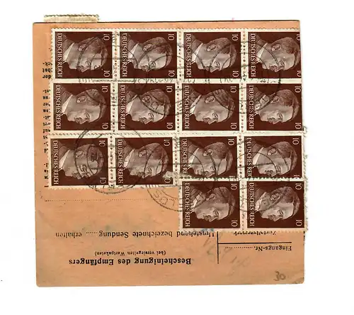 Paketkarte Dringend, Unterlüß nach Dessau-Roßlau, 1944, MeF, Massenfrankatur
