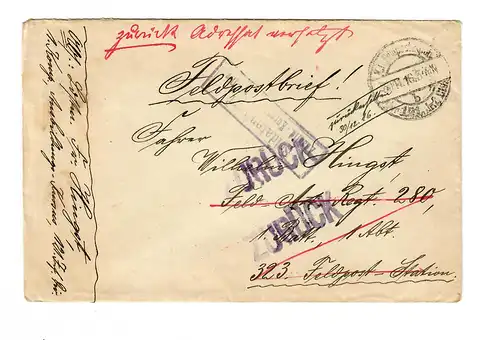 Feldpostbrief 1916 an Feldpost Station 323, Zurück