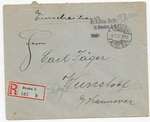 Einschreiben Dresden, 8.9.1923, Barfreimachung nach Wunsdorf