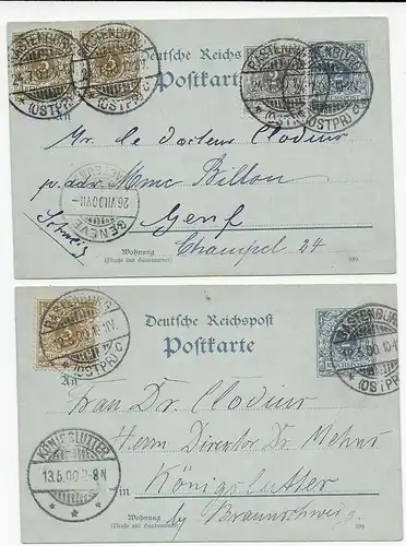 2x Postkeraten Rastenburg nach Genf/Königslutter, 1900