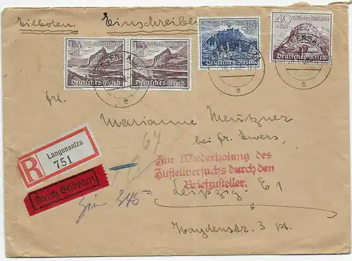 Eilboten Einschreiben Langensalza 1940 nach Leipzig: Wiederholung Zustellversuch