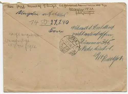 Eilboten Einschreiben Langensalza 1940 nach Leipzig: Wiederholung Zustellversuch