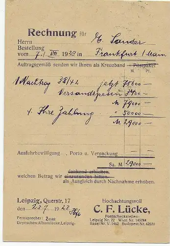 Postkarte Schaubeck  1923 Leipzig nach Frankfurt