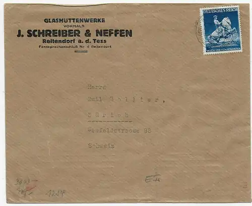 Brief von Reitendorf a.d.Tess nach Zürich, 1941, OKW Zensur