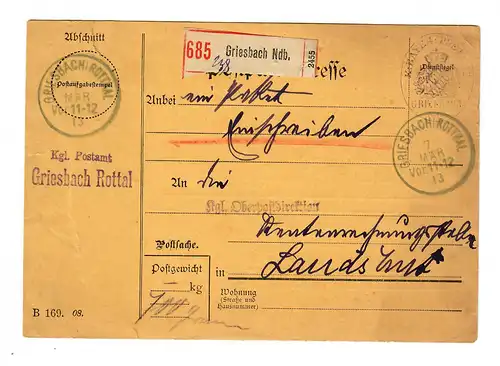 Postamt Paketkarte Griesbach im Rotthal, 1913 an die OPD Landshut